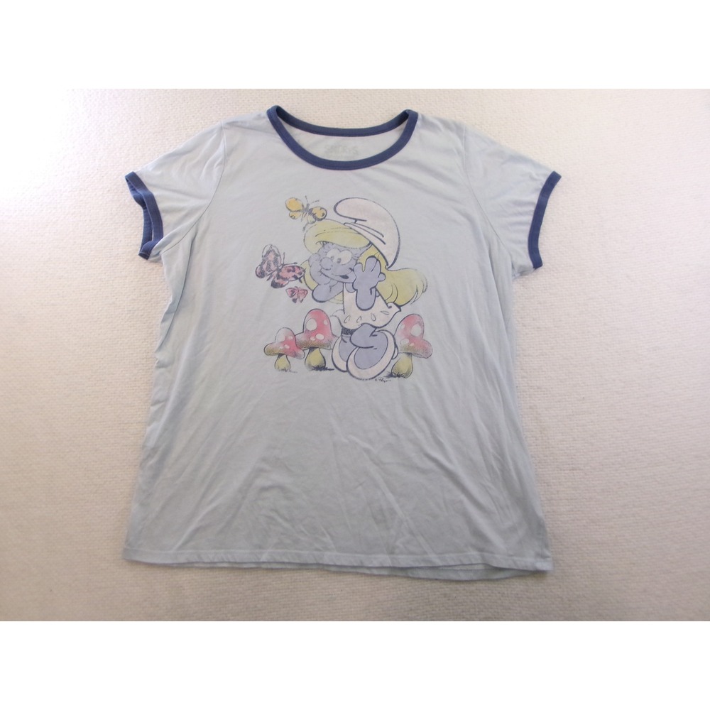 Smurfs Ringer T-Shirt Womens L Light Blue‎ Smurfette Graphic Tee